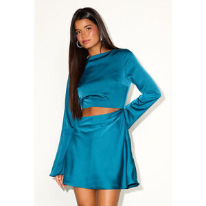 Lulus Saroya Teal Blue Satin Cutout Long Sleeve Mini Dress - Size XL